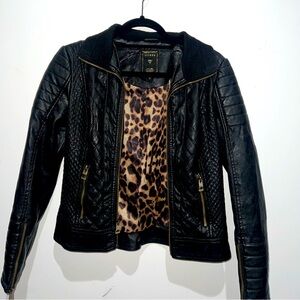 Guess XS black leather jacket with leopard inner lining